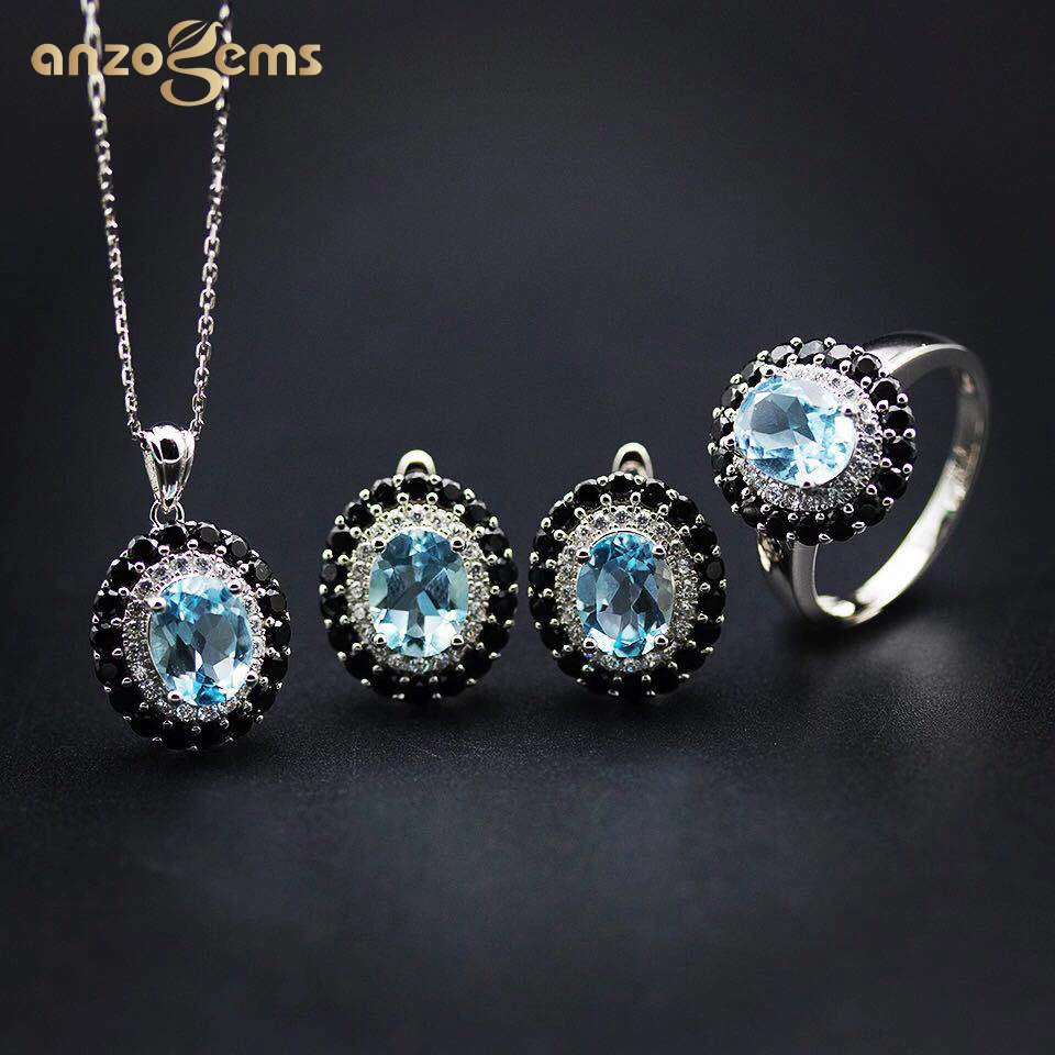 Anzogems 100% natural blue topaz jewelry set solid 925 sterling silver oval 9*7mm gemstone ring earrings pendant women's classic