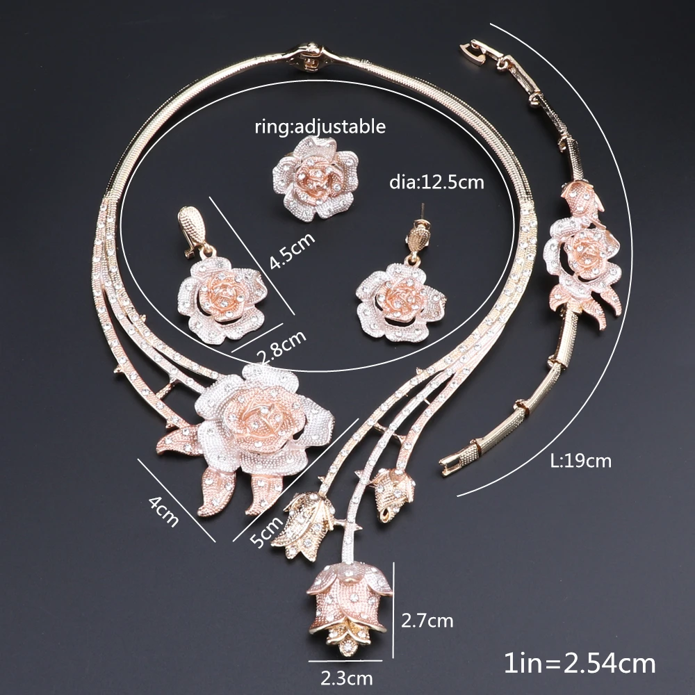 Nigeria Classic Jewelry Sets Elegant Bride Wedding Flower Shape Necklace Earrings Bracelet Ring Set for Dubai Women