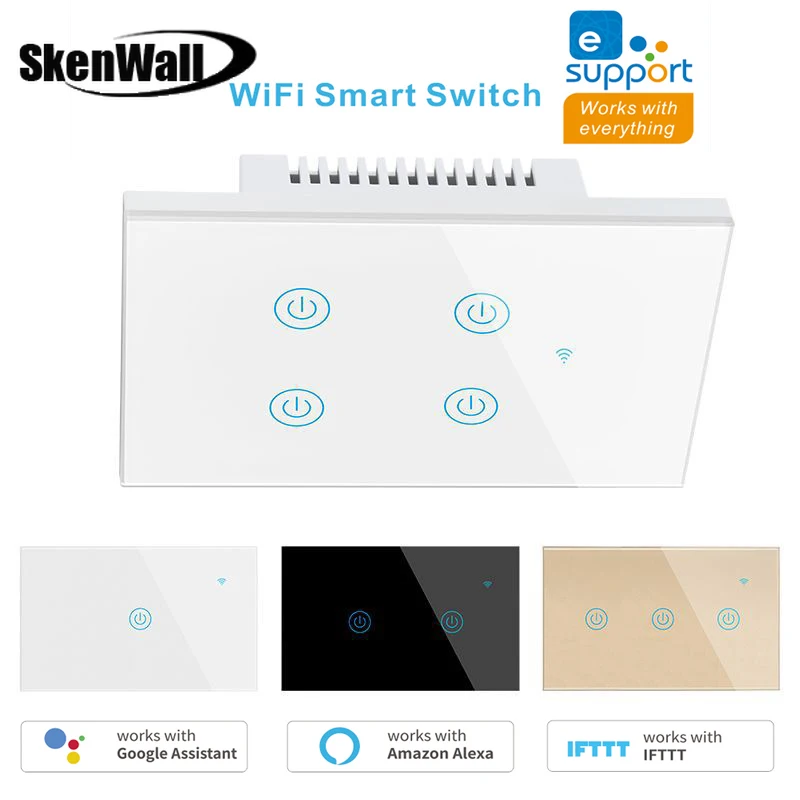 US 1 2 3 4 Gang WiFi Smart Switch Tuya Glass Touch Panel Wall Switch Wireless Control Alexa Google Home Compatible 100-240V AC