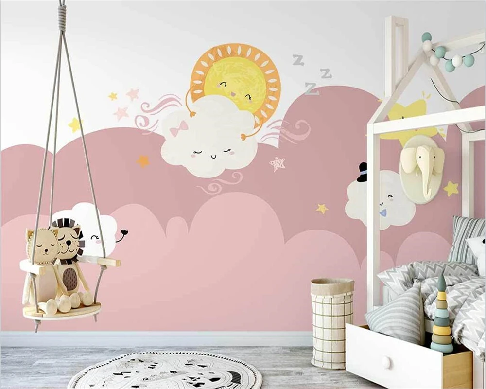 beibehang papel de parede Custom Nordic hand-painted pink clouds starry sky children's room girl background wallpaper