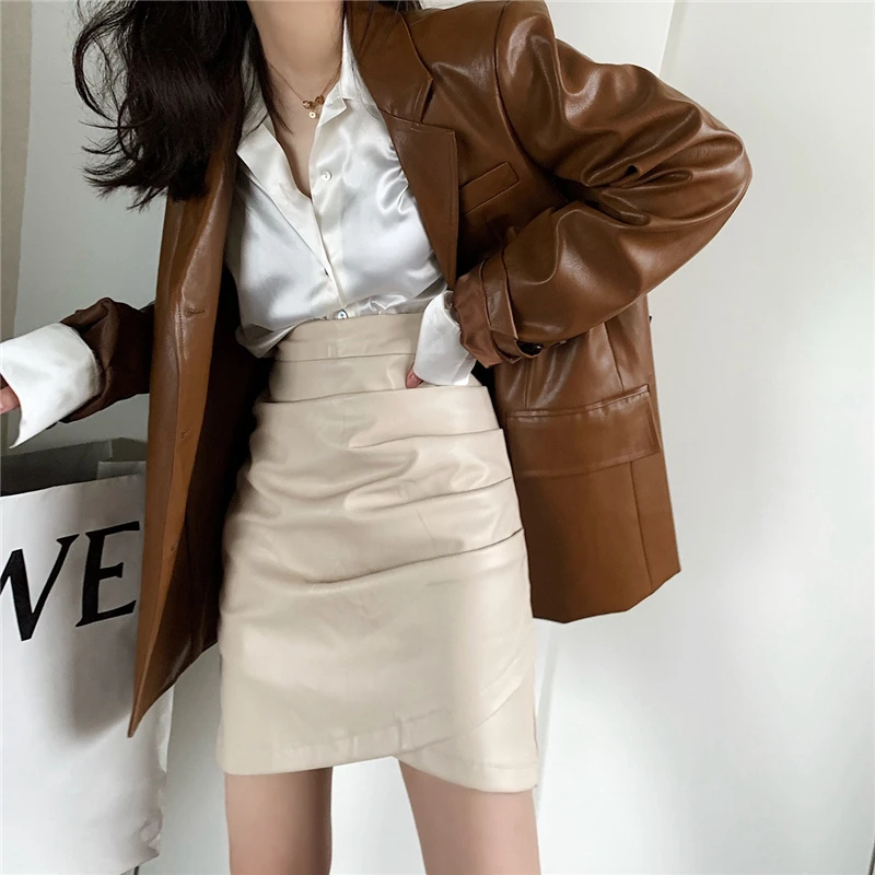 LMQ NEW 2020 Women PU Leather Irregular Sexy Slim High Waist Skirt Office Bodycon Fashion Pencil Short Skirts Autumn Winter