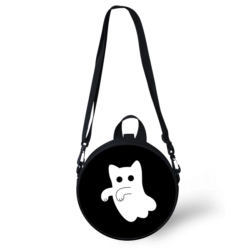 ELVISWORDS Children Mini Round Pack Fashion Ghost Cat Printing Shoulder Bags For Women Girls Circle Crossbody Bag Small Backpack