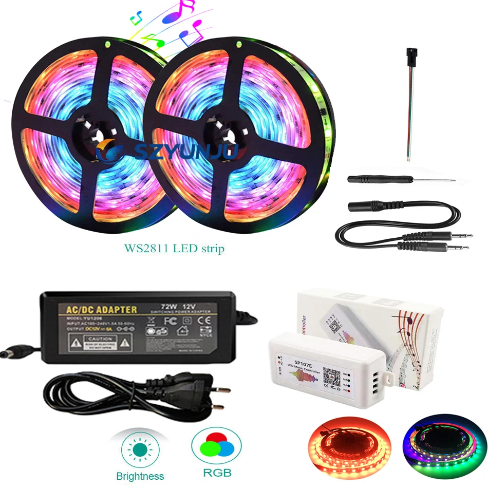 WS2811 30LED/M 5050 RGB Full Color LED strip lights +SP107E Music Smart Phone APP Controlled+12V LED Power KIT