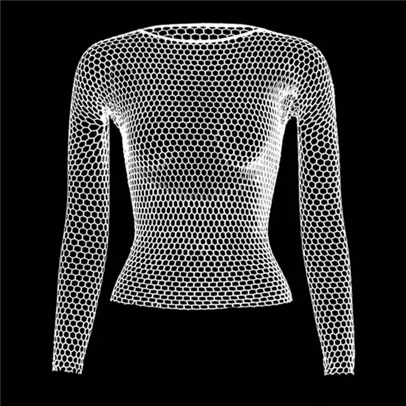 Frauen Fishnet Mesh Durchsichtige Schwarze Hemden Neue Mode Bodystocking Nacht Kleid Aushöhlen Fishnet Sexy Langarm Unterwäsche