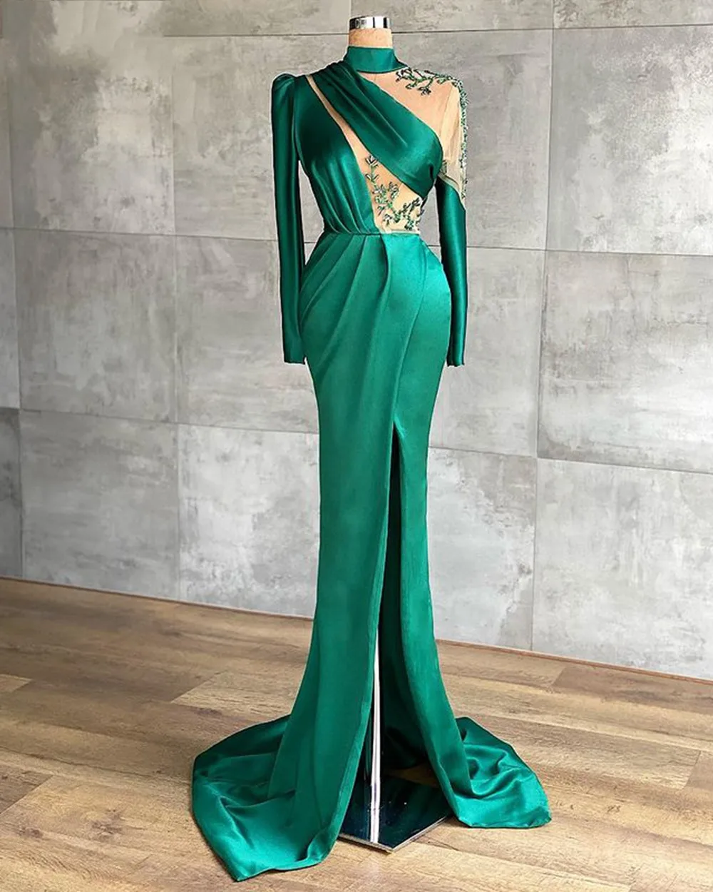 Robe De soirée longue en Satin vert dubaï, Sexy, manches transparentes, col haut, style sirène, fente latérale, robes De bal formelles, 2021