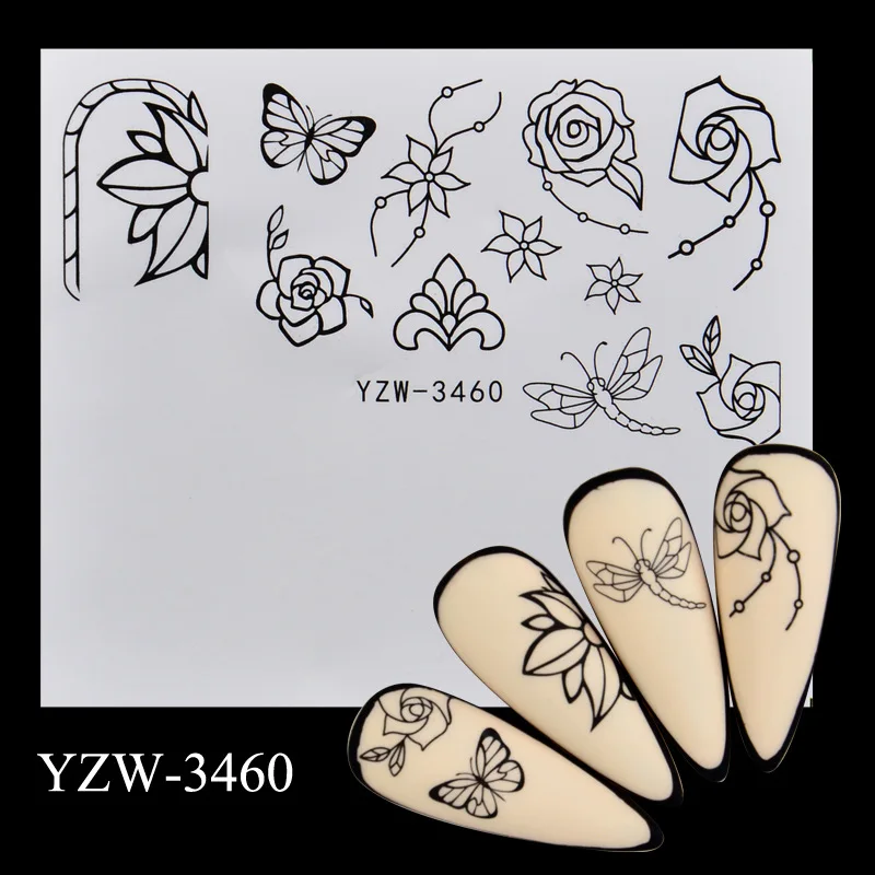 1 pezzo di Nail Art Sticker fai da te Black Rose Butterfly Flower Pattern stile astratto Lady Face Slider Paper Nail Art Decoration