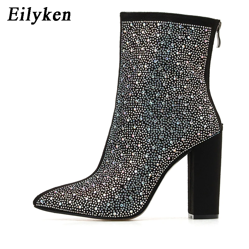 Eilyken moda Sexy banchetto stivali da donna spessi con strass lucidi discoteca tacco quadrato Zapatos Mujer