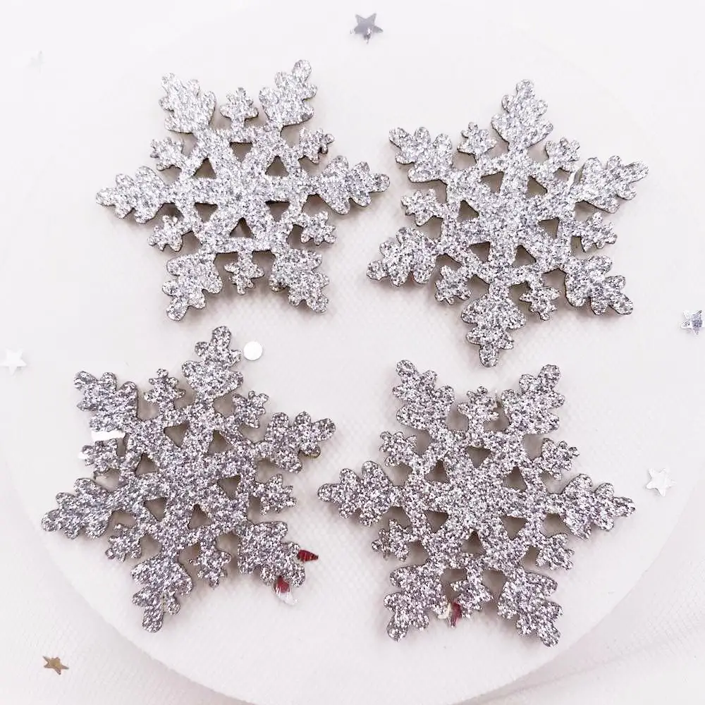 20pcs 40mm Glitter Christmas Snowflakes Composite Cloth Appliques Patches Baby\'s Bow DIY Craft Making E30