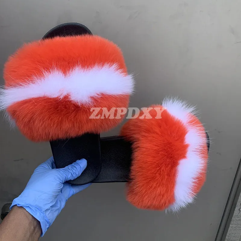 Rainbow Fur Slides Women Furry Plush Raccoon Fox Fur Slippers Indoor Flat Non-slip Summer Beach Flip Flops Large Size Sandals