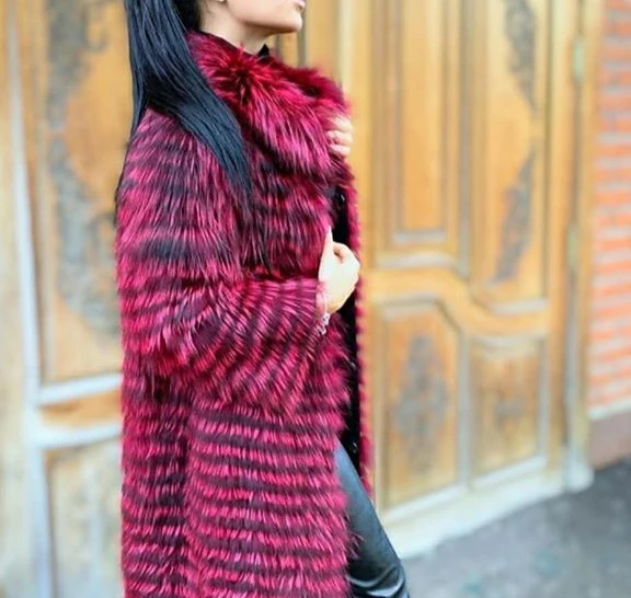 Women's Striped Real Silver Fox Fur Coat, Long Cardigen with Wool Lining, Big Size Clothes, Elegant Outwear, Spring, Lux18A09164