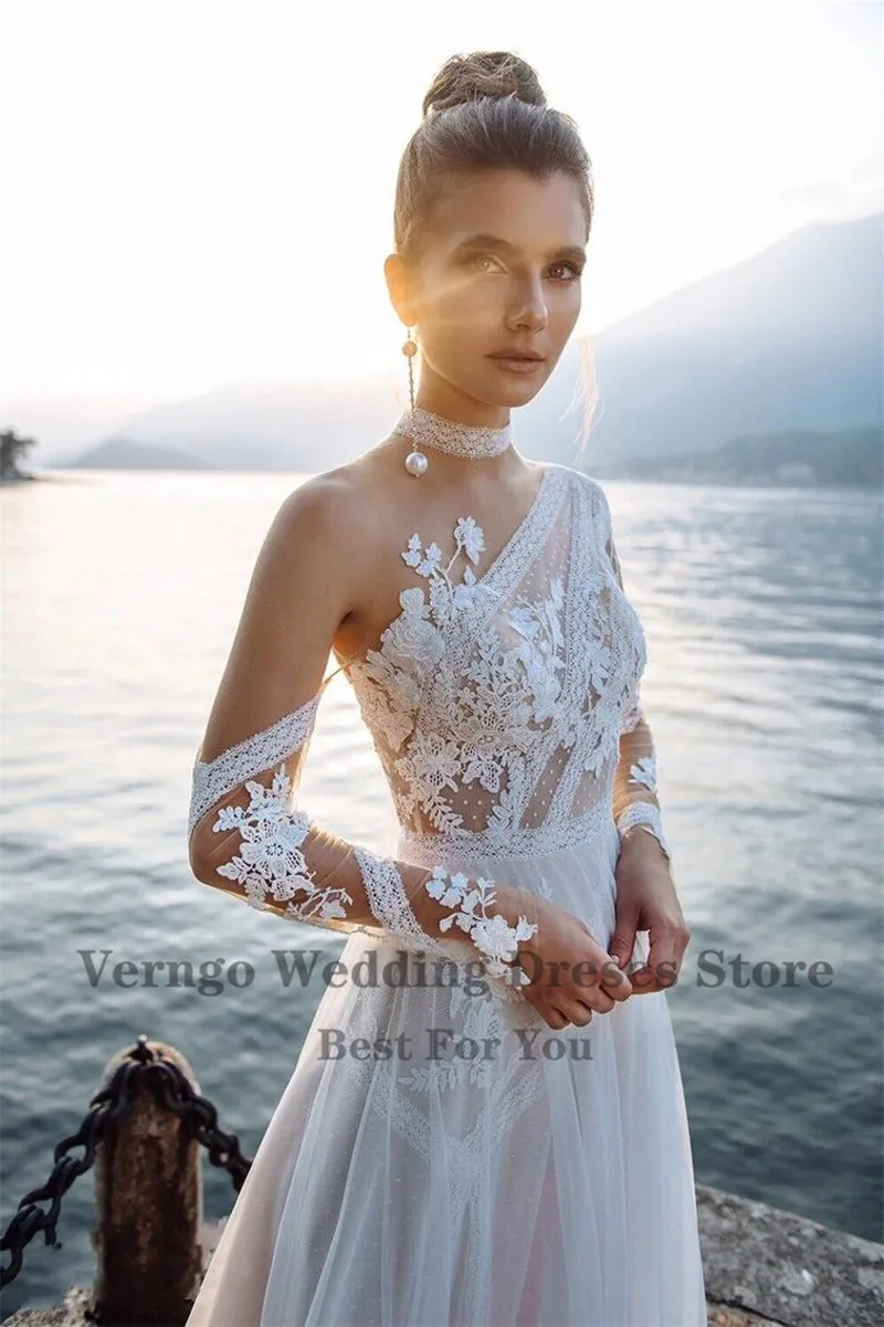 Verngo Gaun Pengantin Boho Pantai untuk Pengantin Renda Applique Lengan Panjang A Line Gaun Pengantin Pedesaan Jubah Elegan Chic De Mariee 2021