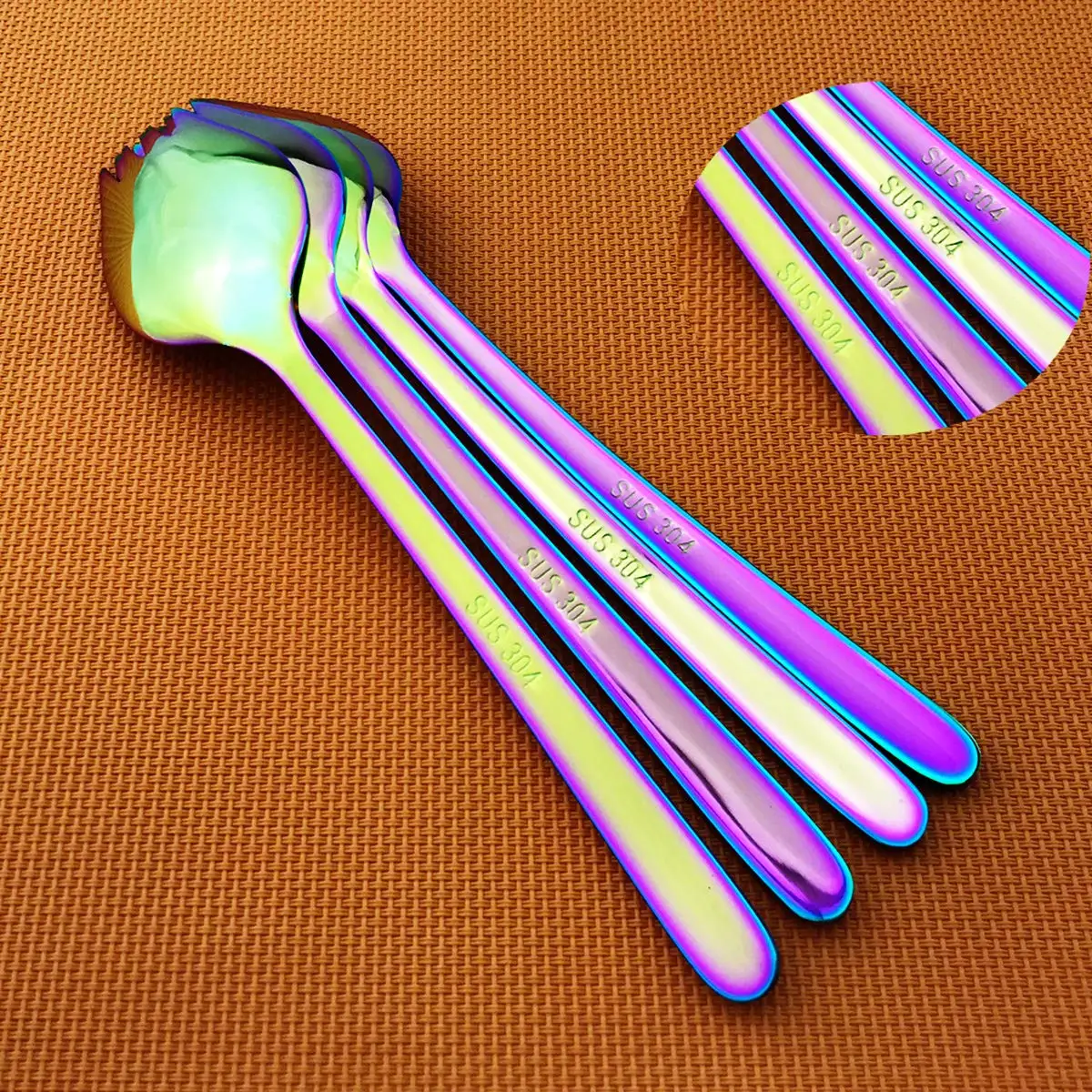 4 Pcs Rainbow Spork for Household Camping Travel Hiking 18/10 Stainless Steel Spoon Fork Noodles Appetizer Dess ert Spoon