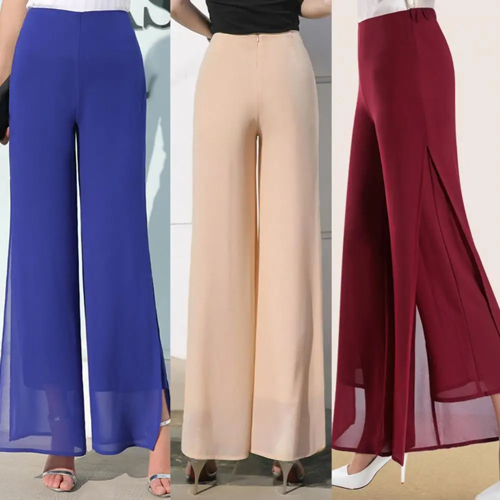 

Women Summer Pants Solid Color High Waist Double Layer Side Slit Wide Leg Long Pants Spring Vintage Flare Trousers Casual 2021