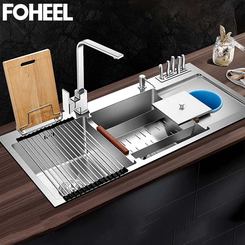 

FOHEEL Luxurious Three Kitchen Sink Stainless Steel Tool Carrier Basin Kitchen Sink Rectangular And Trash Double Sink Kitchen