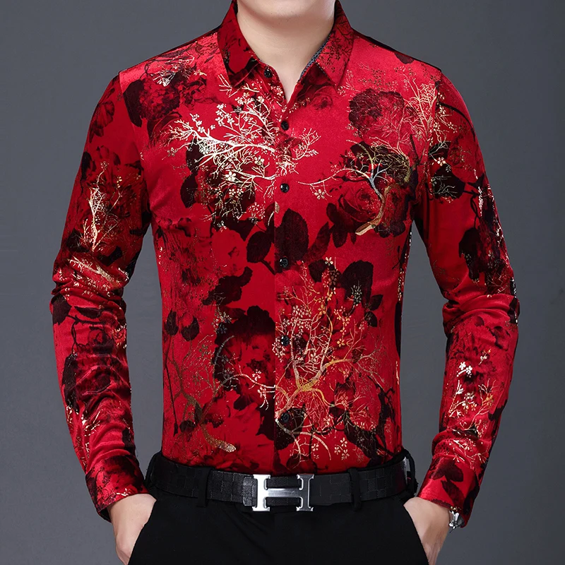 Nuovo Arrivo di Sesso Maschile di Velluto Camicette Autunno Inverno Maschio Abbigliamento Floreale Manica Lunga Oro Fiori di Velluto Vestiti