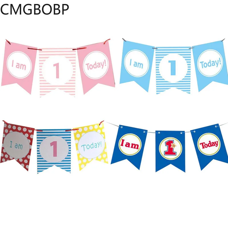 I am 1 Today Banner Paper Birthday Chair Bunting One Year Old Baby Girls First Birthday Boy Party Photo Props Decoration