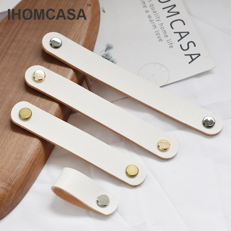 IHOMCASA White Leather Handle Furniture Hardware Drawer Wardrobe Door Knobs Kitchen Cupboard Shoe Cabinet Cowhide Pulls Handles