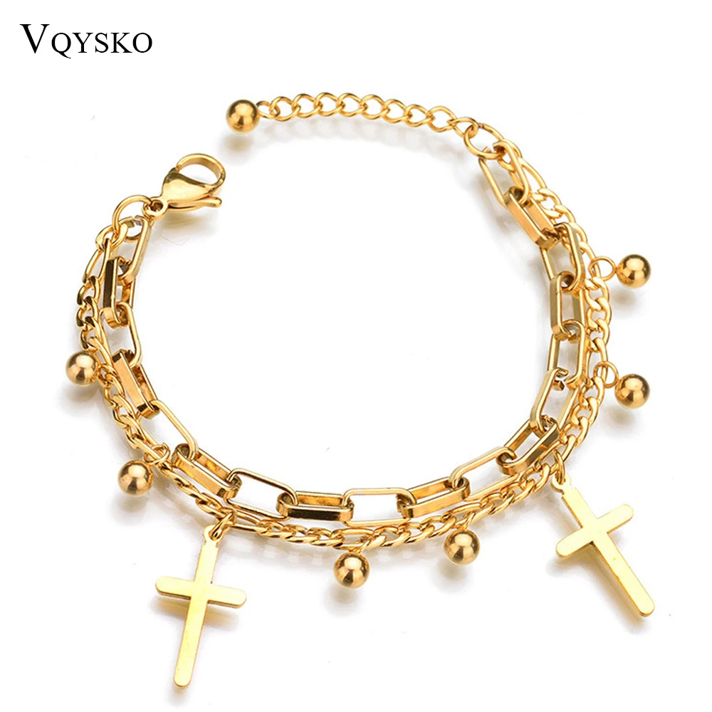 

Fashion Stainless Steel Cross Charms Bracelets For Women Gold Color Beads Chain Bracelet Religious Rosary Jewelry