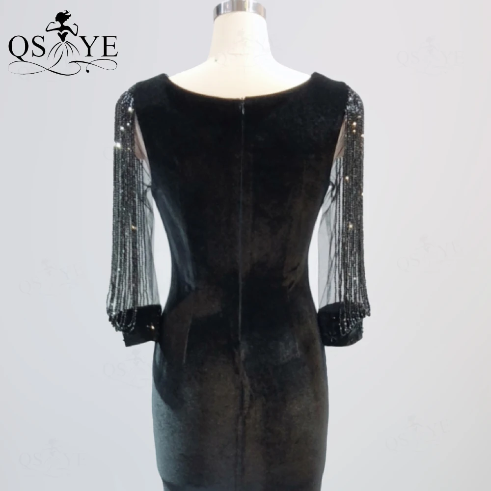 Qsyye preto veludo vestido de noite sereia vestido de festa longo elástico mangas compridas vestido formal v pescoço beadings moda vestido de festa