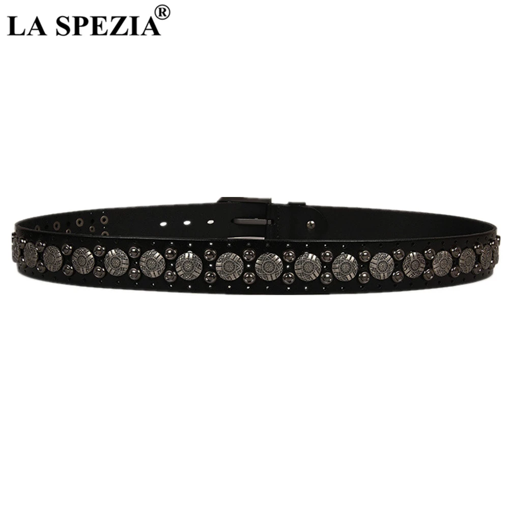 LA SPEZIA Punk Rock Belts for Men Real Patent Leather Steampunk Accessories Buckle Belts Male Rivet Black Waist Belt