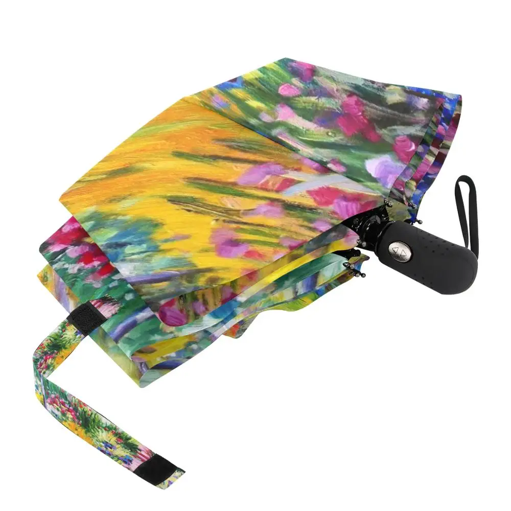 Famous Claude Monet Oil Painting Umbrella Three Folding Umbrella Rain Women Fully Automatic Umbrella Sun Protection Parasol