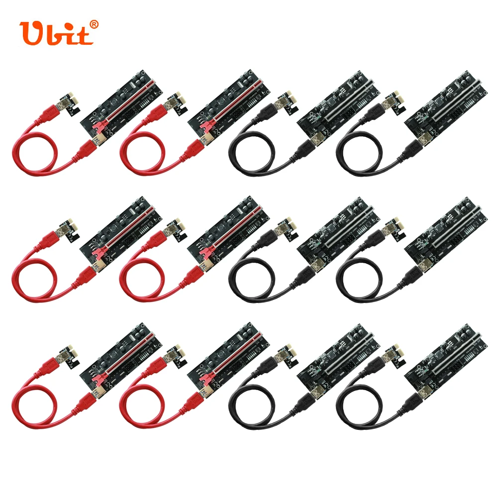 12x Ubit LED PCI-E Riser Card VER010S-Plus PCI Express Adapter Cable USB3.0 1x to 16x 6pin Sata Power Extension Ethereum Mining