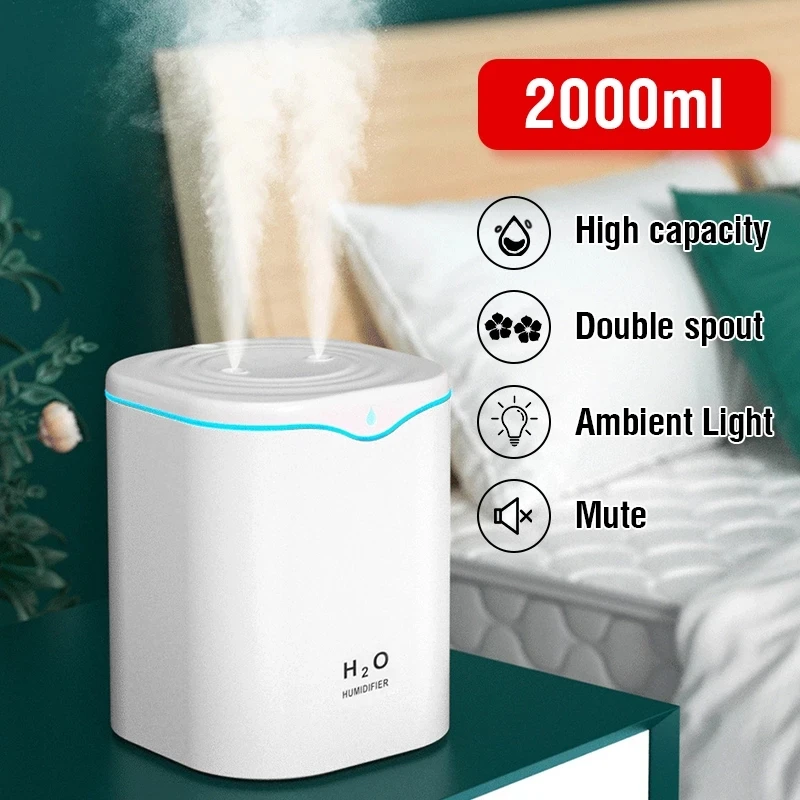 2l umidificador de ar óleo essencial usb aroma difusor com coloful led lâmpada ultra-sônica umidificadores casa dupla bico pulverizador