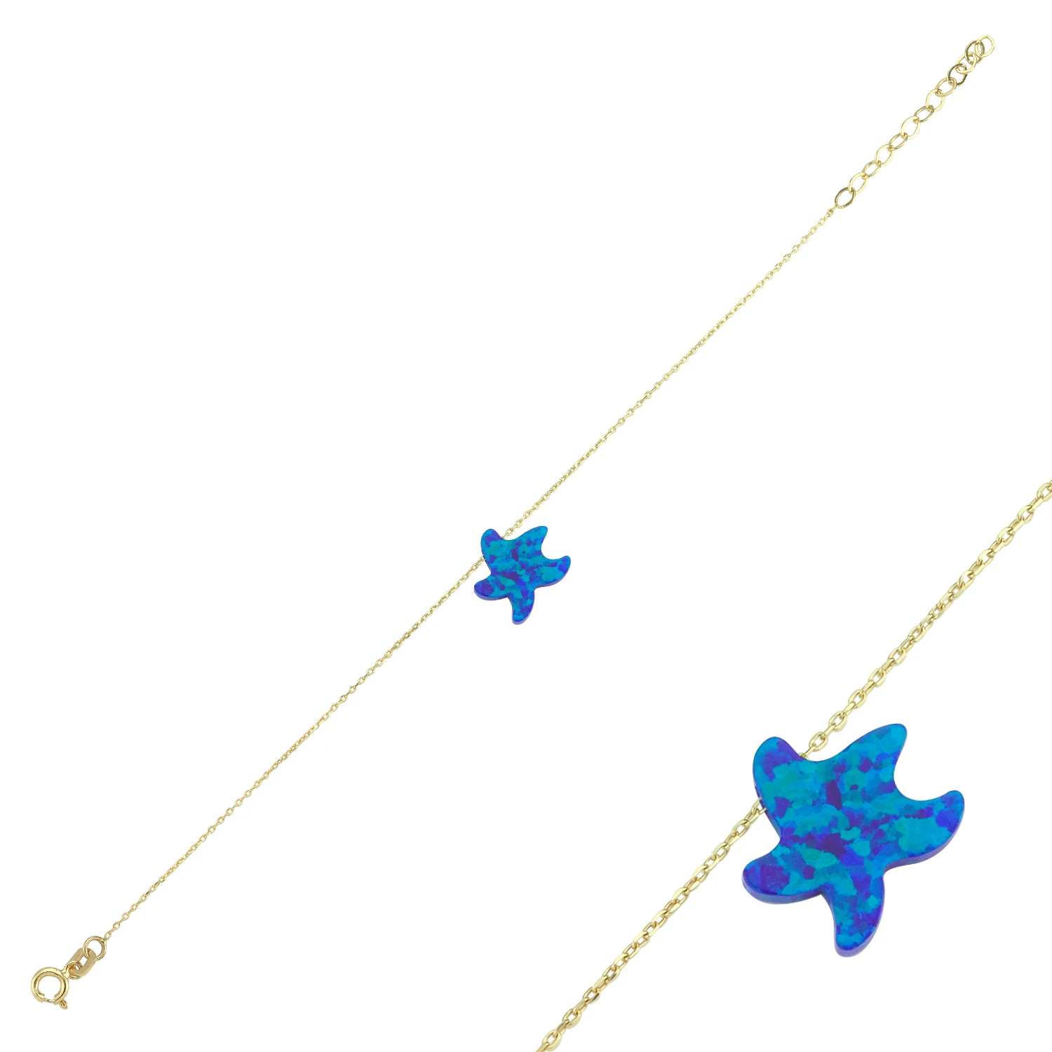 14K Real Gold Opal Stone Adjustable Starfish Anklet, Link Bracelet