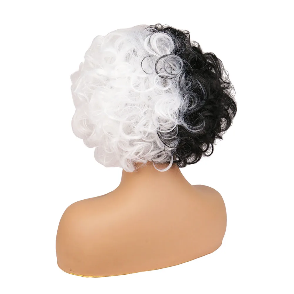 New Cruella Wig CRUELLA de Vil Cosplay Black White Halloween Party Hair Deville Dalmation Short Synthetic Hair Wigs+ Wig Cap