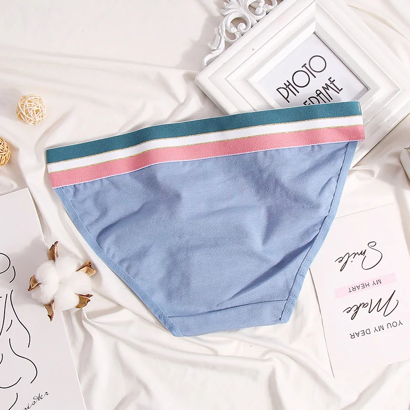 European Style Cotton Underwear Sexy Stripe Solid Color Panties Fashion Bikini Briefs Low Waist Seamless Underpants Lingerie