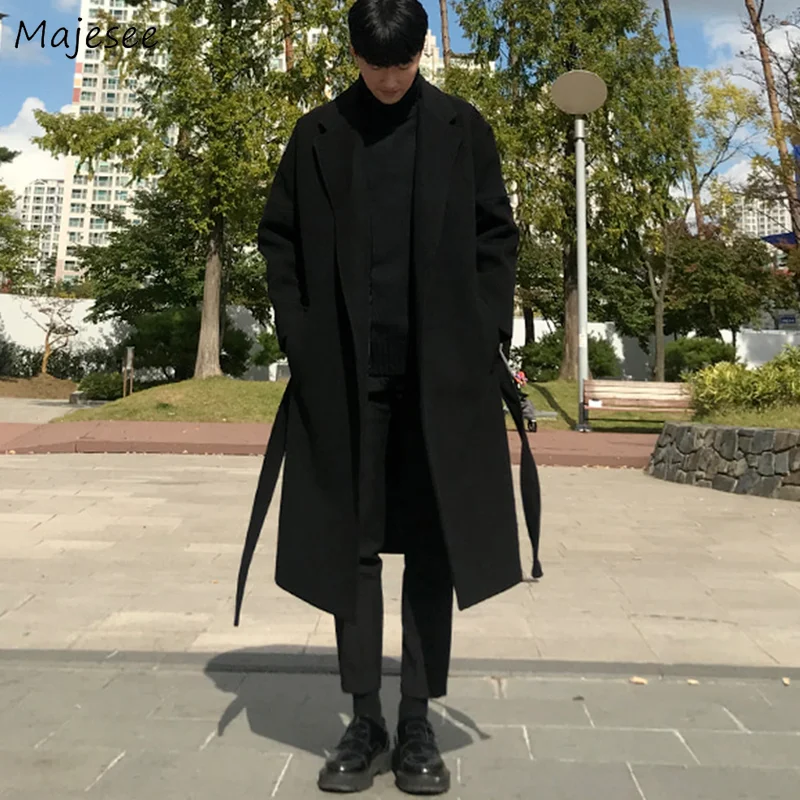 

Men Black Wool Blends Coats Vintage Japan Style Loose Sashes Casual Harajuku Outwear Over Knees All-match Thickening Warm Korean