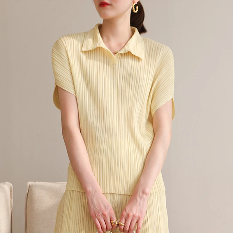

2021 summer new casual pants Miyake pleated bat sleeve slim thin polo tops fashion wild folda loose Tees