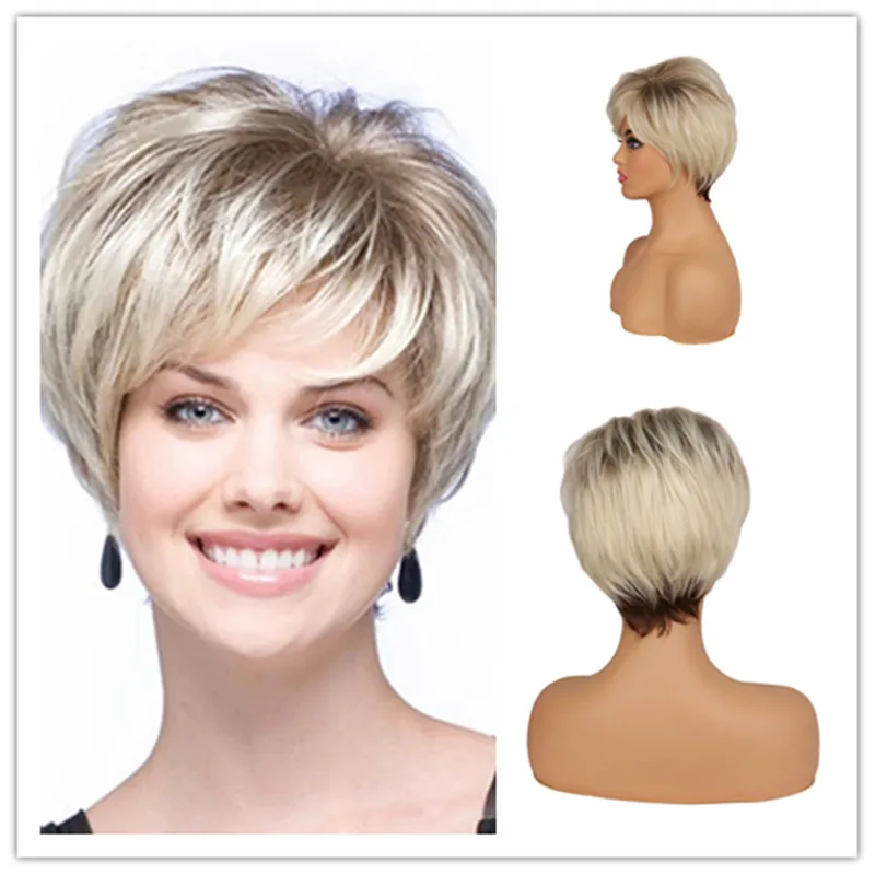 

SuQ Short Layered Curly Wig Hair Synthetic Natural For Women Mixed Brown Blonde Heat Resistant Daily Short Pixie Cut Wigs Female