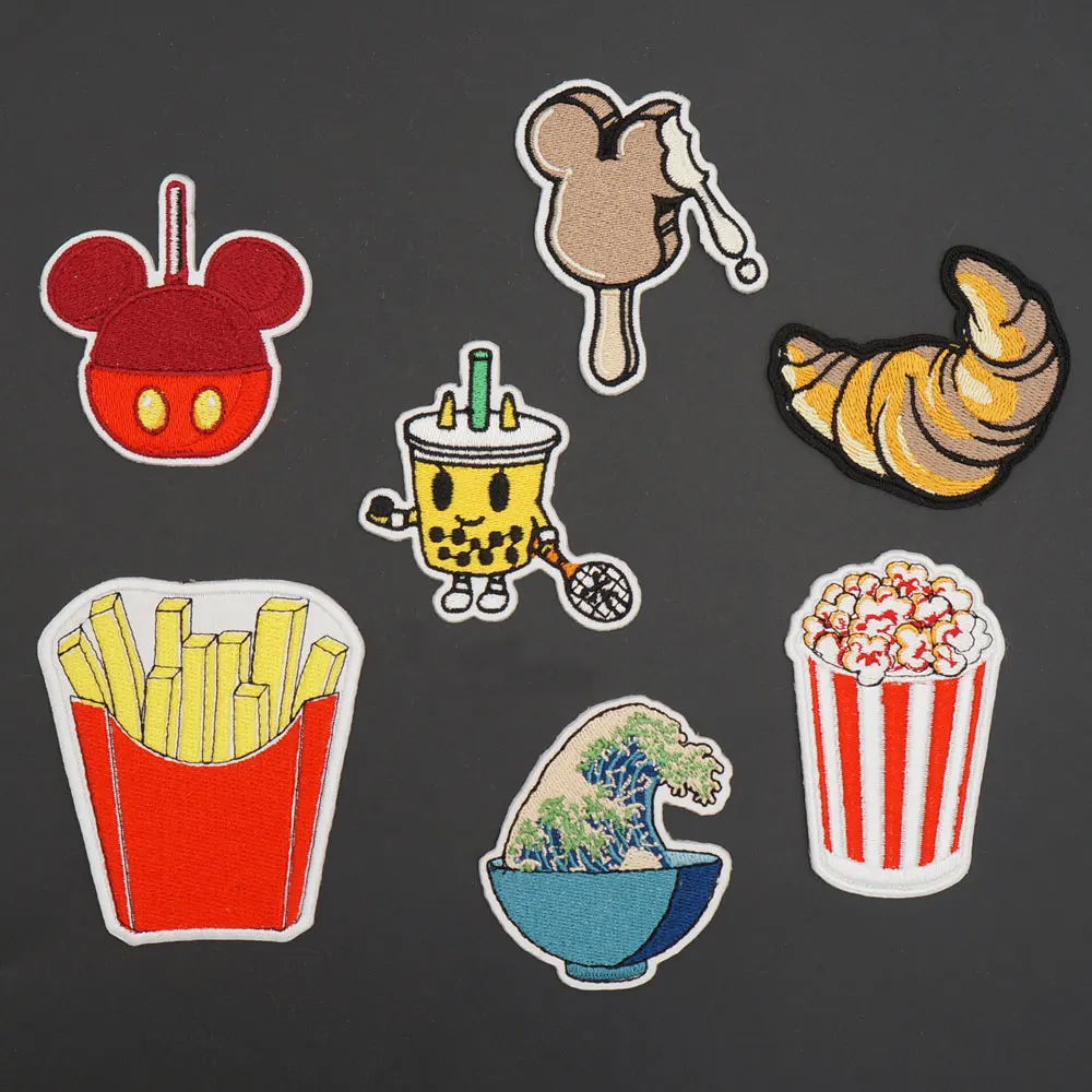 French Fries Popcorn Croissant Ice Cream Creative Embroidered Iron On Patches for Kids Clothes Badges Accessories Appliques