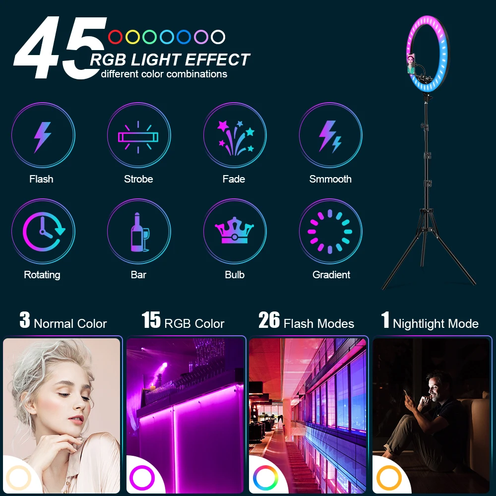Anillo de luz RGB de 18 pulgadas para fotografía, lámpara de 50W con trípode remoto de 45cm, luz de relleno LED regulable para Selfie, iluminación en vivo para teléfono