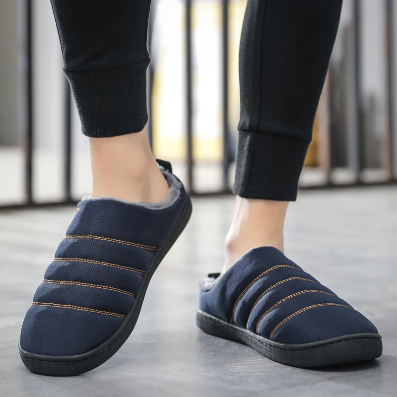 Men's Slippers for home 2020 Winter Non Slip Plush Warm Male House Shoes Stripe Unisex Indoor plus size 36-47