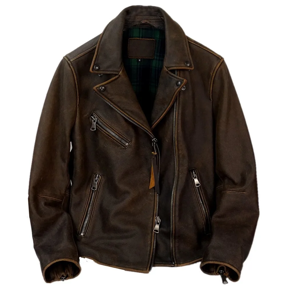 

2020 Retro Brown American Men Short Biker's Leaher Jacket Large Size 3XL Genuine Cowhide Autumn Slim Fit Motorcycle Leather Coat