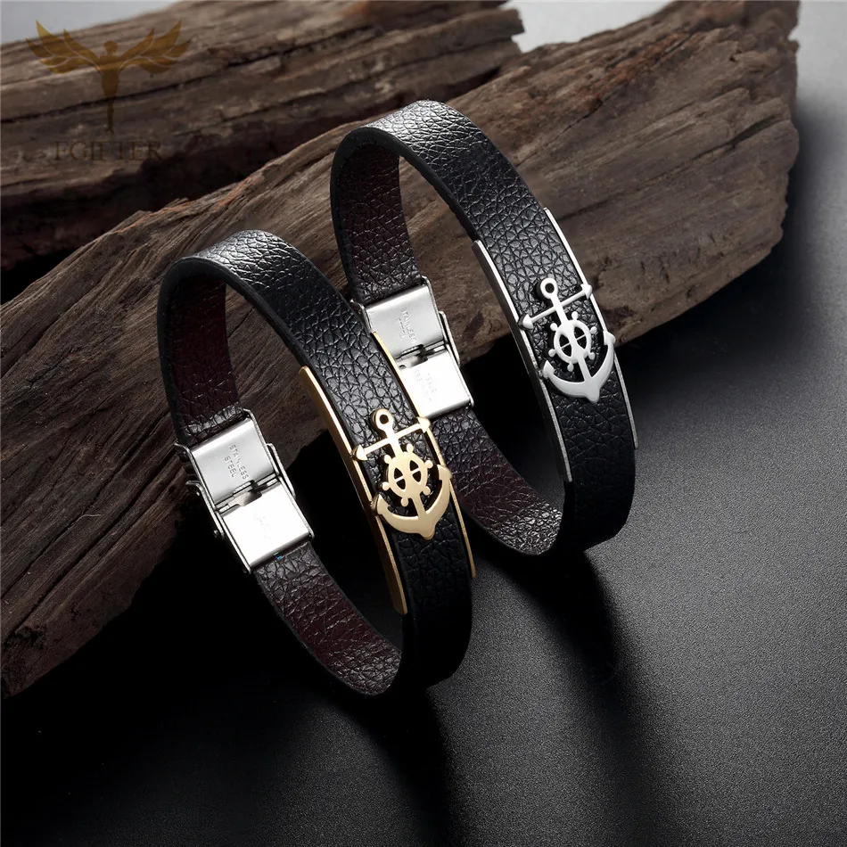 Charm Male Leather Bracelet Anchor Bracelets Men Fashion Black Belt Stainless Steel Man Cuff Accessory Causal Jewellry J