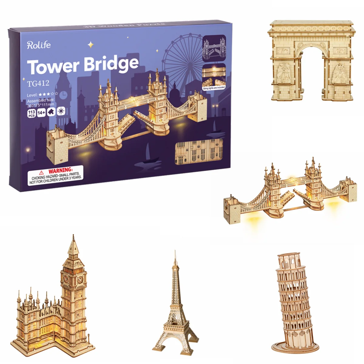 Robotime-3D Wooden Puzzle Game, Tower Bridge,Big Ben, Famoso Building Assembly Toy, Presente para Crianças, Adolescente Adulto, DIY