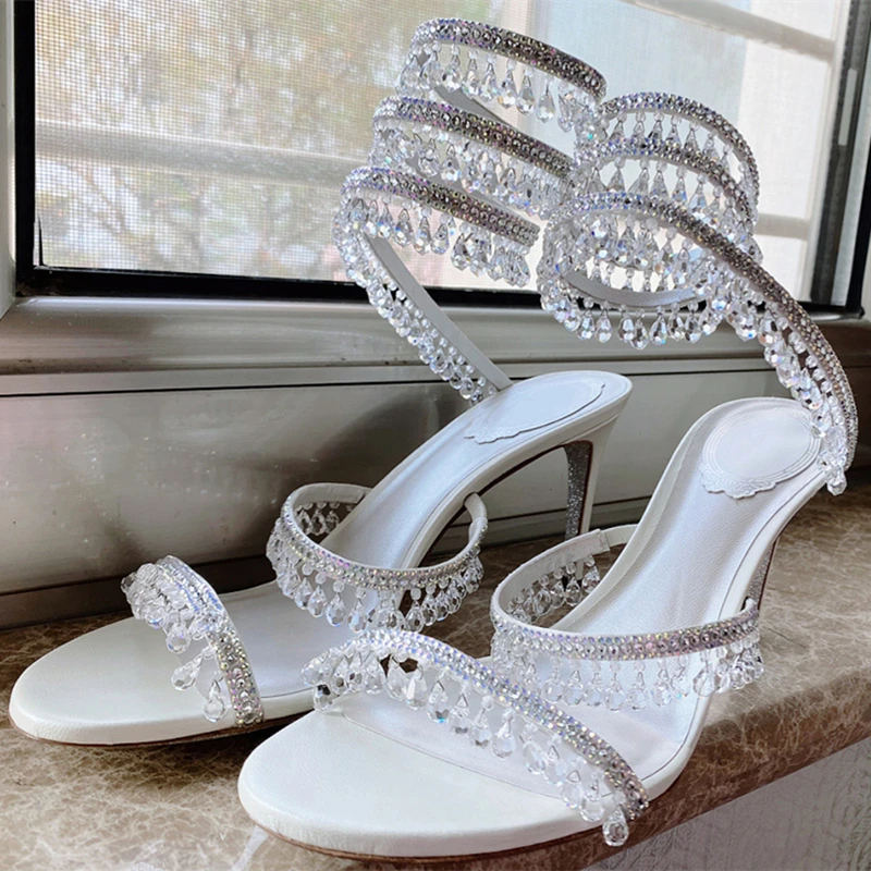 Summer Shiner Crystal Drop High Heel Sandal Snake-like Thin Heels Wedding Dress Shoes Rhinestones Sexy Sandalias view 3
