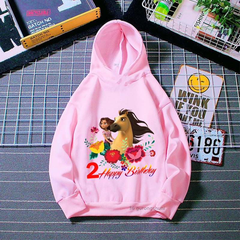 New Cute 2-10 Year Happy Brithday Hoodies Horse Spirit Mustang Hoodies Baby Boys Girls Hoodies Pink Top Long Sleeve Sweatshirt