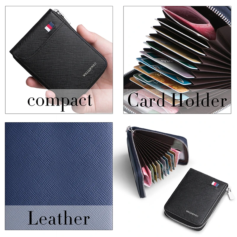 WILLIAMPOLO Genuine Leather Fashion Mini Credit Card Holder Black Wallet Purse Men Wallet Card Holders Pouch Coin Purse PL185151