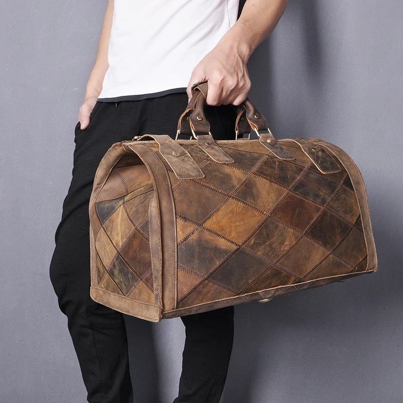 Natural Original Leather Male Larger Capacity Design Handbag Duffle Luggage Bag Vintage Travel Suitcase Tote Bag 8151