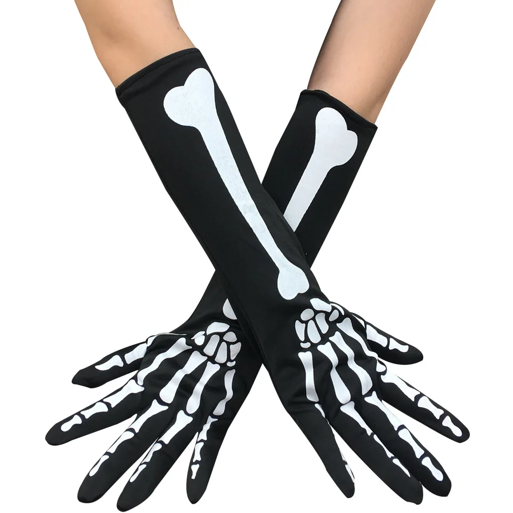 Halloween Skeleton Long Ghost Gloves Horror Performance Bar Prom Dress Up Props Hip Hop Punk Full Finger Elastic Skull Gloves S4