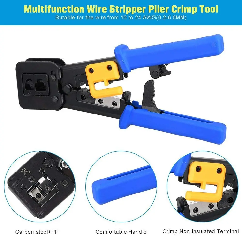 ZoeRax RJ45 Crimper for Pass-Through/EZ RJ11/RJ12/RJ45 connectors Cutter Stripper CAT5e/CAT6 Network Cable Wire Crimping Tool