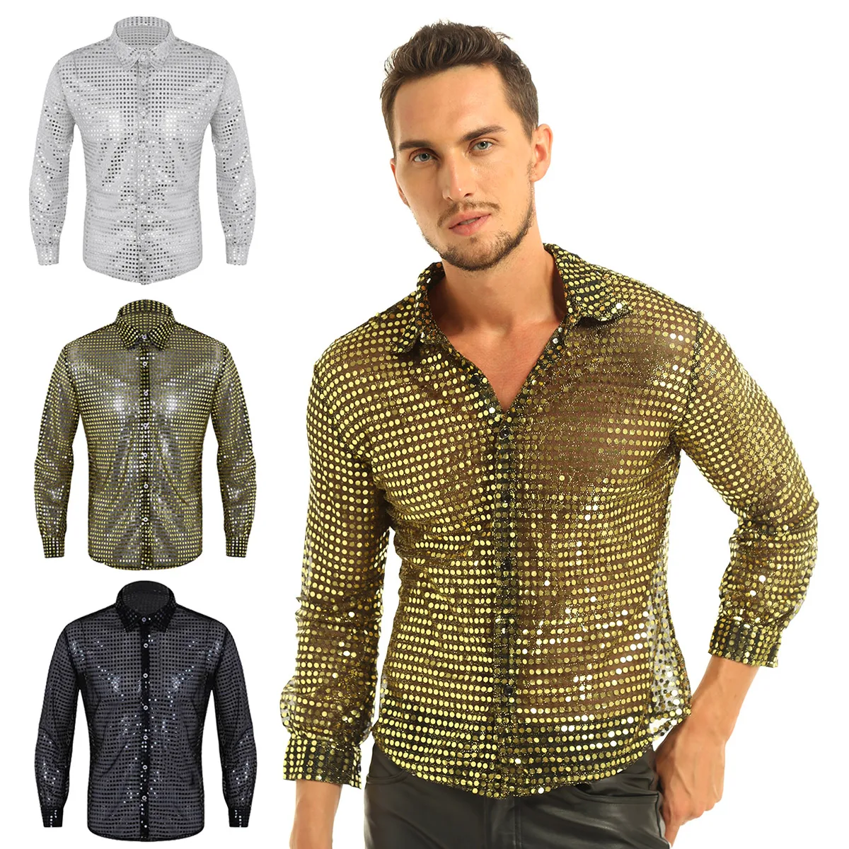 Moda masculina camisa brilhante trajes superiores lantejoulas seethru malha manga longa clubwear dança desempenho camisa superior fantasia clubwear