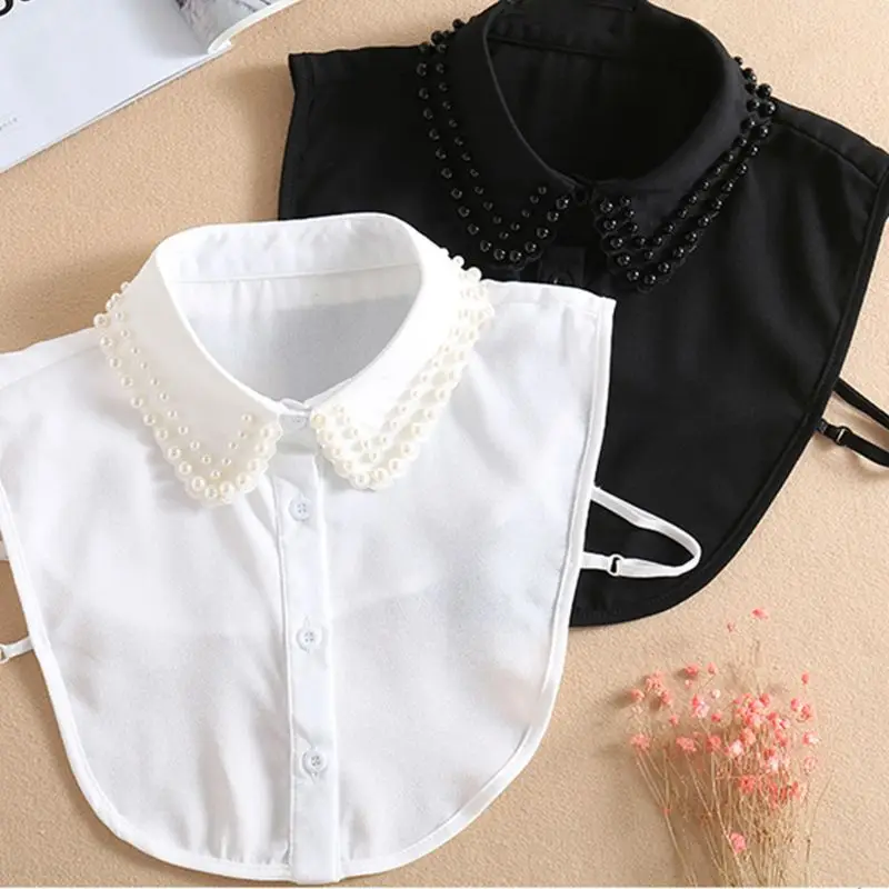 Women Women New Fashion  Pearl Chiffon Collar Shirt Fake Collar Tie Vintage Detachable Collar False Collar Lapel Blouse Top