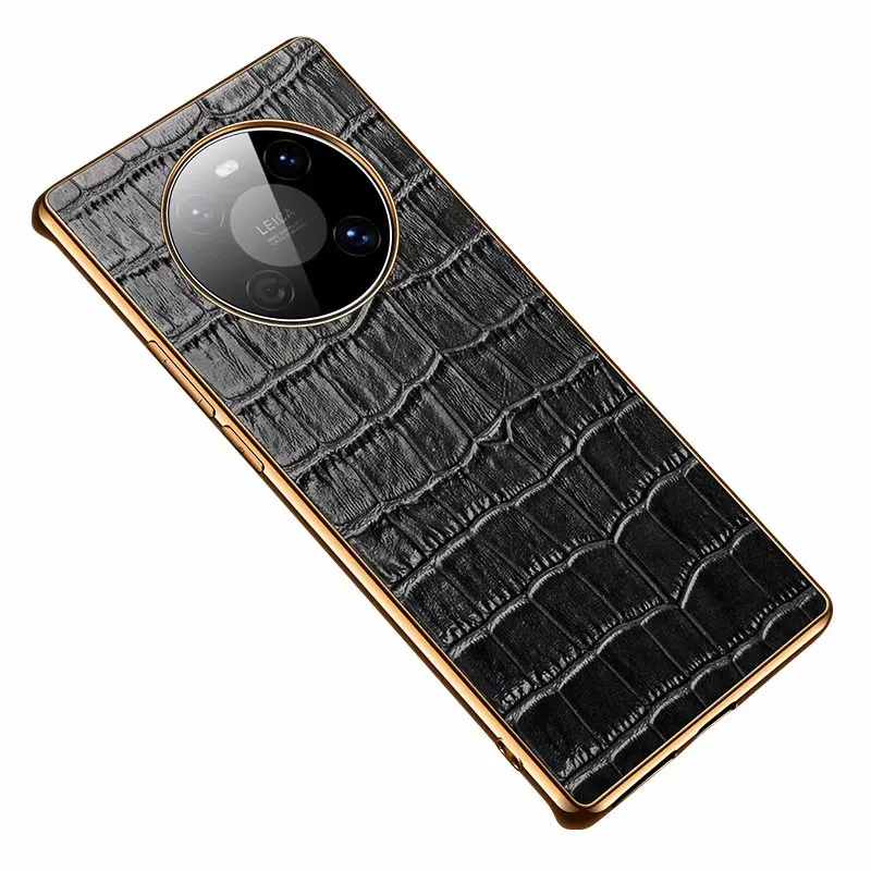 

Shockproof Full Protective Genuine Leather Crocodile Case Cover for Huawei Mate 30 Pro 40 RS Gold TPU Frame