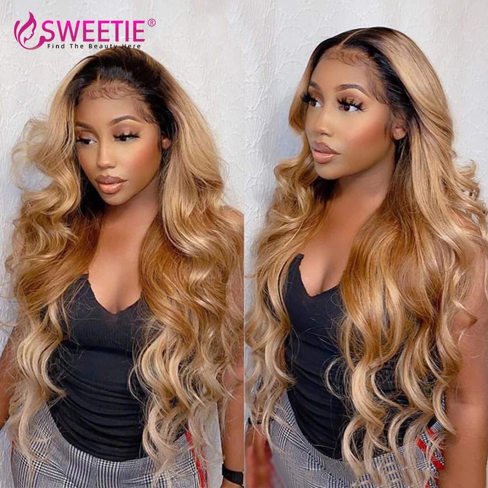 

34inch 1B/27 Honey Blonde Body Wave Lace Front Wig 200% 250% Density 13X6 Lace Frontal Wigs Colored Body Wavy Human Hair Wigs