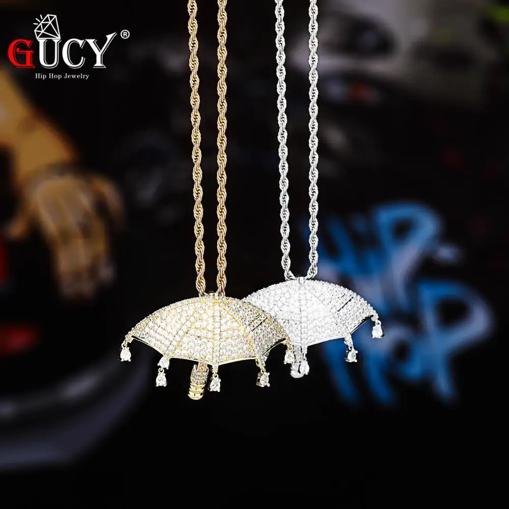 GUCY  Iced Out Umbrella Pendant Necklace AAA Cubic Zirconia Hip Hop Jewelry With Tennis Chain For Gift